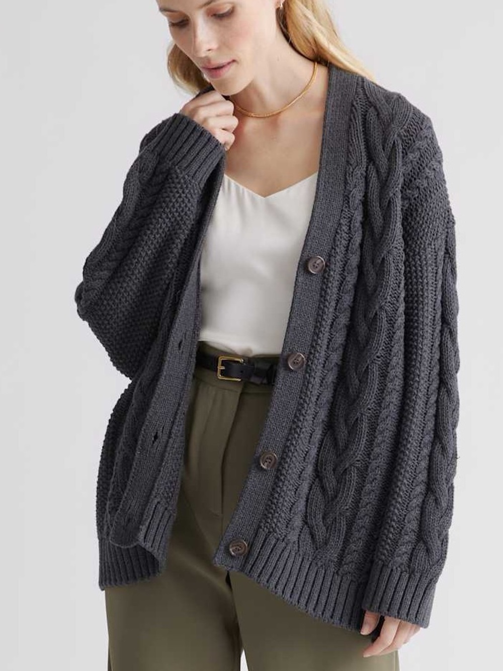Quince 100% Organic Cotton Cable Knit Cardigan Charcoal Gray S 57101